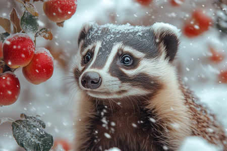Curious badger is gazing up at some apples on a snowy branch in the winterの素材
