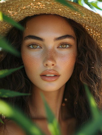 Beautiful young woman with long brown hair, wearing a straw hat and posing in the foliageの素材