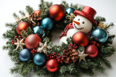 Christmas wreath with snowman, berries and baubles lying on white backgroundの素材