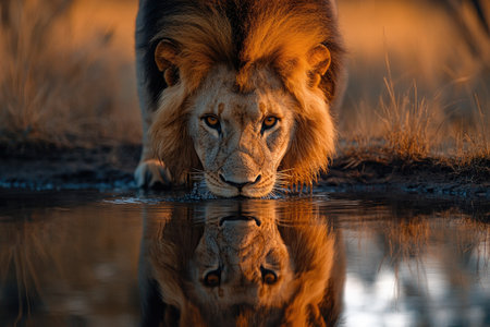 Majestic male lion is having a drink of water and is illuminated beautifully by the setting sunの素材