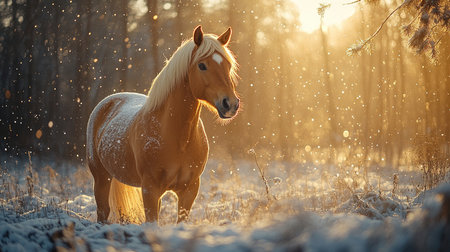 Beautiful golden horse with a flaxen mane standing in a snowy forest during sunset snowfallの素材