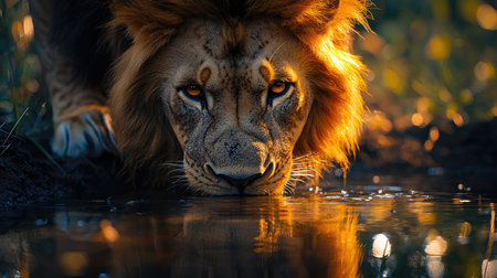Young male lion quenching his thirst at a waterhole, bathed in the warm glow of the setting sunの素材