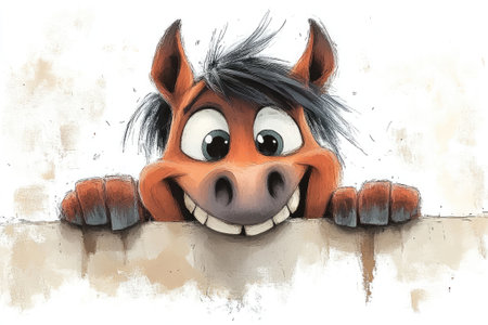 Cheerful cartoon horse is peeking over a blank sign and smilingの素材