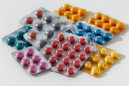 Variety of pills and capsules in blisters forming a background, illustrating medicine and pharmaceutical conceptsの素材