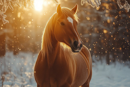 Beautiful golden palomino horse with a white blaze stands in a snowy winter forest as the sun setsの素材