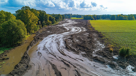 Muddy water is rushing through farmland after a heavy rain, leaving a path of destructionの素材