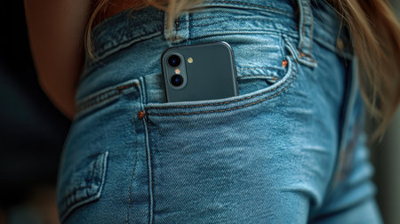 Person is wearing blue jeans with a smartphone in their pocketの素材