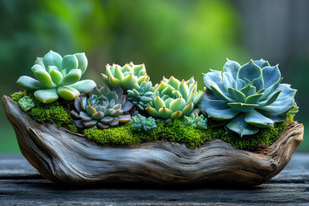 Variety of lush green echeveria succulents are thriving in a rustic driftwood planter, adding a touch of natural beauty to any spaceの素材