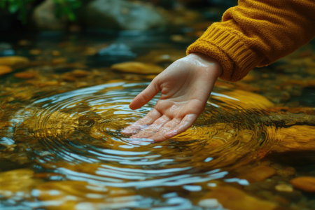 Woman is touching the surface of a clear water stream, creating concentric ripplesの素材