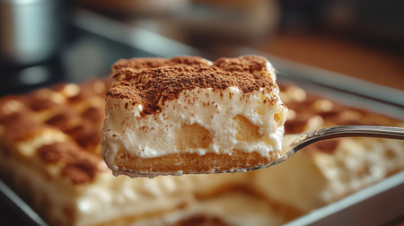 Fork lifting a piece of tiramisu from a pan of the delicious dessertの素材