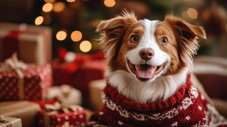Adorable beagle dog is wearing a Christmas outfit while posing by the Christmas treeの素材