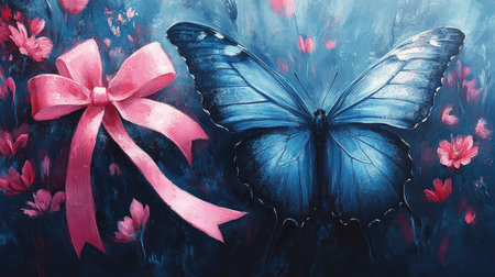 Painting of a blue morpho butterfly with its wings spread, resting near a pink bow, with pink flowers in the backgroundの素材