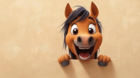 Happy cartoon horse is peeking over a blank sign with a big smileの素材