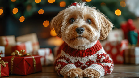 Adorable beagle dog is wearing a Christmas outfit while posing by the Christmas treeの素材