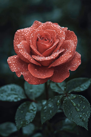 Single red rose with dewdrops on its petals is blooming in the gardenの素材