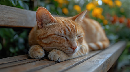 Ginger tabby cat is taking a nap on a wooden bench outside on a sunny dayの素材