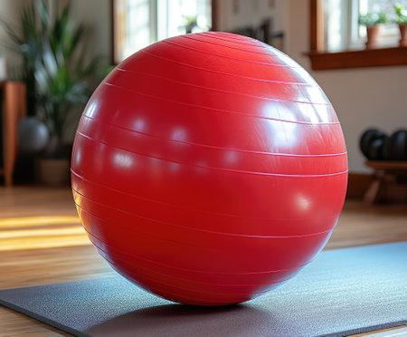 Red fitness ball is waiting for its next workout on a yoga mat in a gymの素材