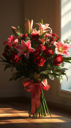 Bouquet of red roses and lilies tied with peach ribbon standing on wooden table near window with sunlightの素材
