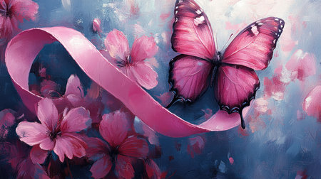 Pink butterfly is flying with an awareness ribbon on a floral background with a vintage, dreamlike effectの素材