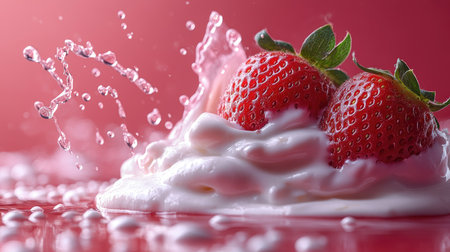 Ripe strawberry is splashing into creamy strawberry yogurt creating a splash on a pink backgroundの素材