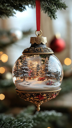 Christmas ornament hanging on tree branch showing beautiful winter wonderland scene insideの素材