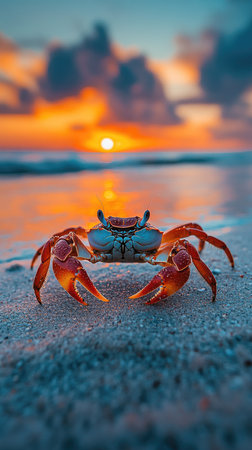Red crab is walking on a beautiful tropical beach at sunsetの素材