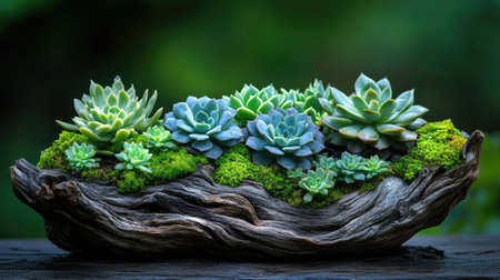 A variety of lush succulents are thriving in a rustic driftwood planter, creating a captivating display of vibrant green huesの素材