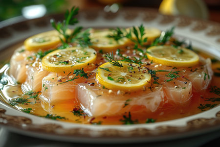 Delicious salmon fillet being seasoned with lemon and parsley on a white plateの素材