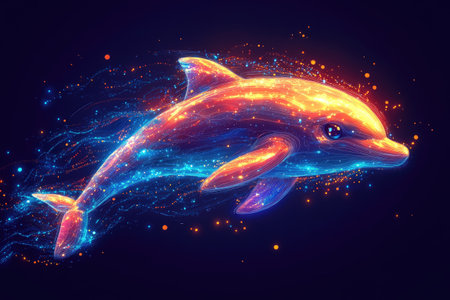 Magical dolphin is swimming and leaving a trail of glowing particlesの素材