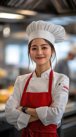 Young female chef is smiling with her arms crossed in a restaurant kitchenの素材