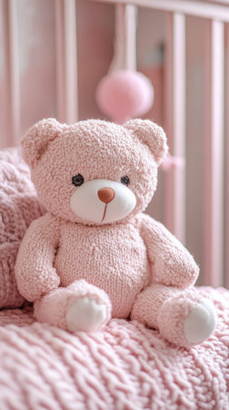 Teddy bear with a pink bow sitting on a cot in a pink bedroom, waiting for a baby girl to playの素材