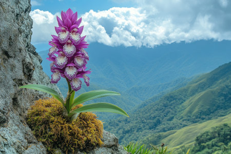 Single purple orchid growing on a mossy rock with mountains in the backgroundの素材