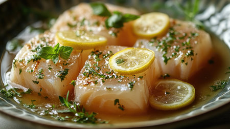 Delicious cod fillet with lemon and herbs on a plate, ready to be eatenの素材