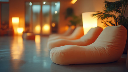 Empty beanbag chairs are illuminated by warm lights in a modern spa relaxation areaの素材