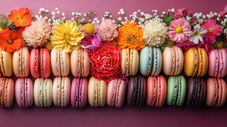 Beautiful arrangement of colorful French macarons is nestled in a bed of pink and orange gerbera daisiesの素材