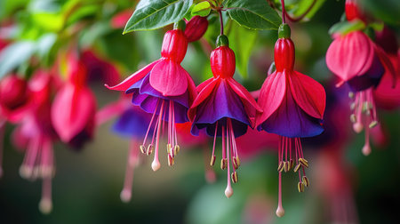A close-up of vibrant red and purple hanging fuchsia flowers with green plants in focus. The background is blurred to emphasize the vivid colors of the blossoms.の素材