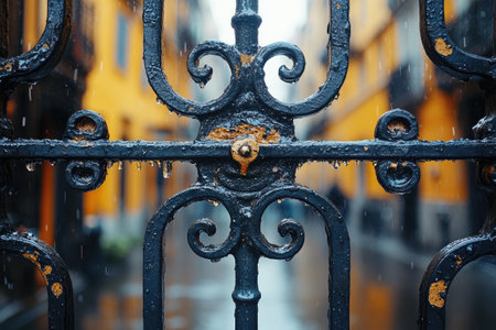 Rain water is dripping from a black metal ornamental fence with a blurred backgroundの素材