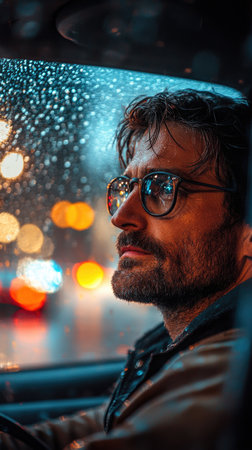 Mature businessman with a beard driving his car at night while it's rainingの素材