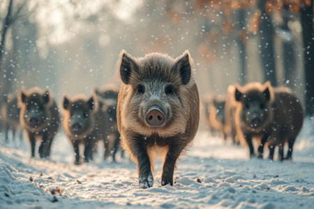 Group of wild boars in the snow, looking for food in winter forest.の素材