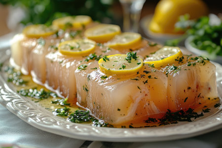 Raw fish fillet seasoned with herbs and lemon slices marinating on a white plateの素材