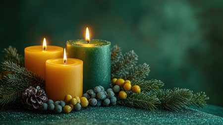 Three lit candles are surrounded by pine branches and pine cones, creating a warm Christmas ambianceの素材