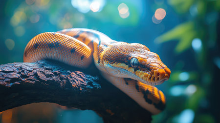 Orange boa constrictor with black markings, resting on a branch in a tropical forestの素材