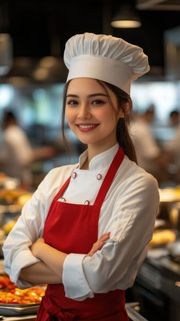 Young female chef is smiling with her arms crossed in a restaurant kitchenの素材