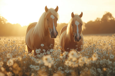 Two beautiful horses standing in a field of daisies enjoying a beautiful golden sunsetの素材