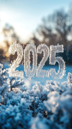 Sunlight is shining through a frosted window with 2025 written on it, with snow-covered trees and a street in the backgroundの素材