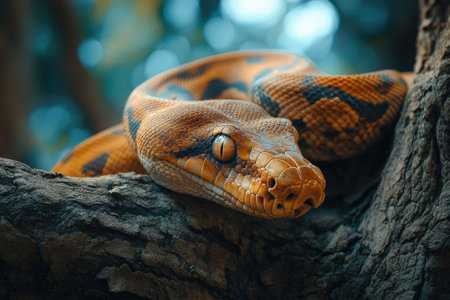 Orange snake is resting on a branch in nature, enjoying the warmth of the sunの素材