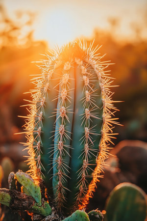 Cactus is illuminated by the golden light of the setting sunの素材