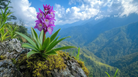 Single purple orchid growing on a mossy rock with mountains in the backgroundの素材