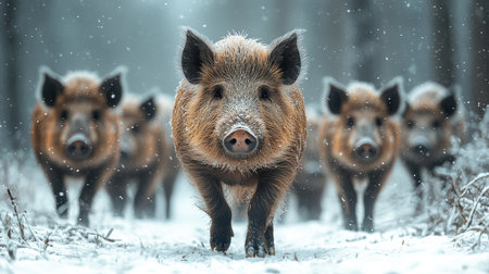 Group of wild boars in the snow, looking for food in winter forest.の素材