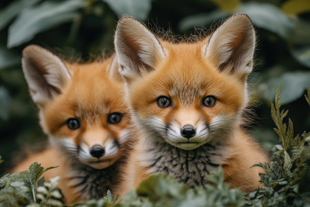 Two red fox cubs are emerging from a patch of green foliageの素材